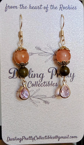 Artisan Earrings ~ Sunstone & Black Golden Obsidian Beads / Light Pink European Crystal Briolette Pendants / Sterling Silver French Ear Hooks
