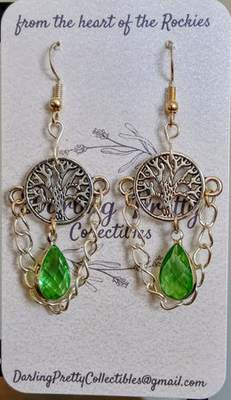 Artisan Earrings ~ Tree Of Life Charms / Peridot Green European Crystal Briolette Pendants / Sterling Silver French Ear Hooks
