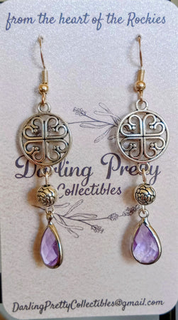 Artisan Earrings ~ Heart-Cross Charms / Purple European Crystal Briolette Pendants / Sterling Silver French Ear Hooks