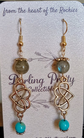 Artisan Earrings ~ Eternity-Heart Charms / Labradorite & Turquoise Beads / Sterling Silver French Ear Hooks