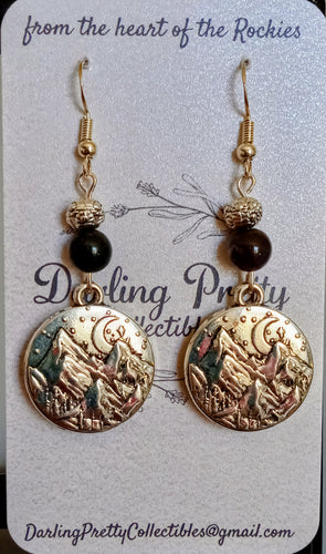 Artisan Earrings ~ Moon On Mountain Charms / Golden Black Obsidian Beads / Sterling Silver French Ear Hooks